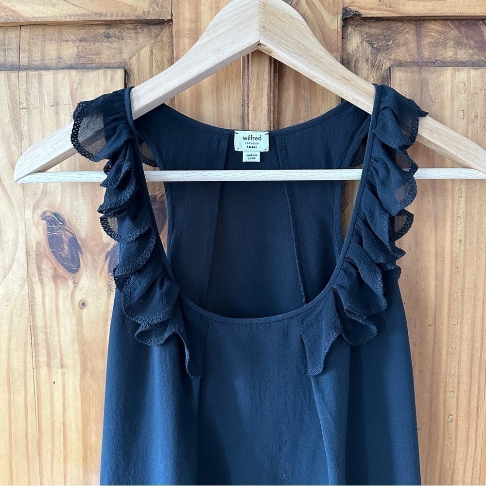 Wilfred 100% Silk Black Asphalt Sleeveless Ruffle Blouse Feminine Romantic - S